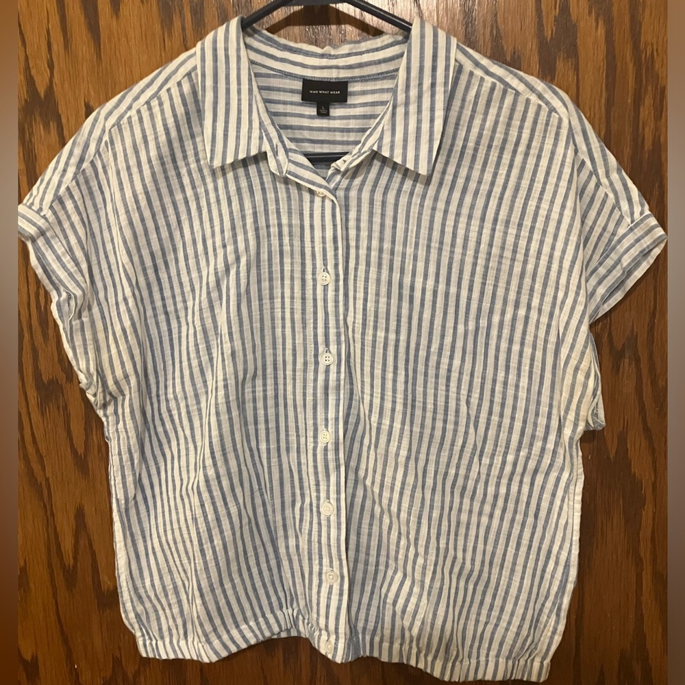 Who What Wear Blue and White Stripped Button-Up